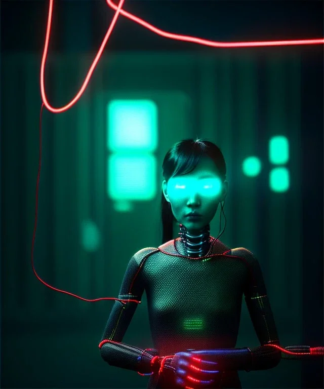 Ultra realistic photographic night portrait, cinematic, <Asian woman> <hanging wires> <retro computer screen> many wires coming out of the head <perfect pupil> <cyborg arm> <garage> <wide angle Shot> <sci-fi futuristic> <thriller>, neon lights, color fog, soft color, highly detailed, unreal engine 5, ray tracing, RTX, lumen lighting, ultra detail, volumetric lighting, high definition.