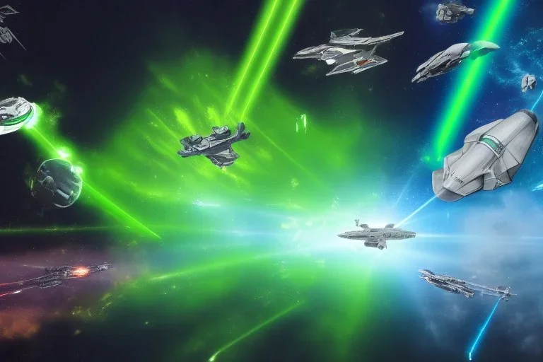 spaceship battle, spaceships, explosions, lasers, green lasers, explosions, painting