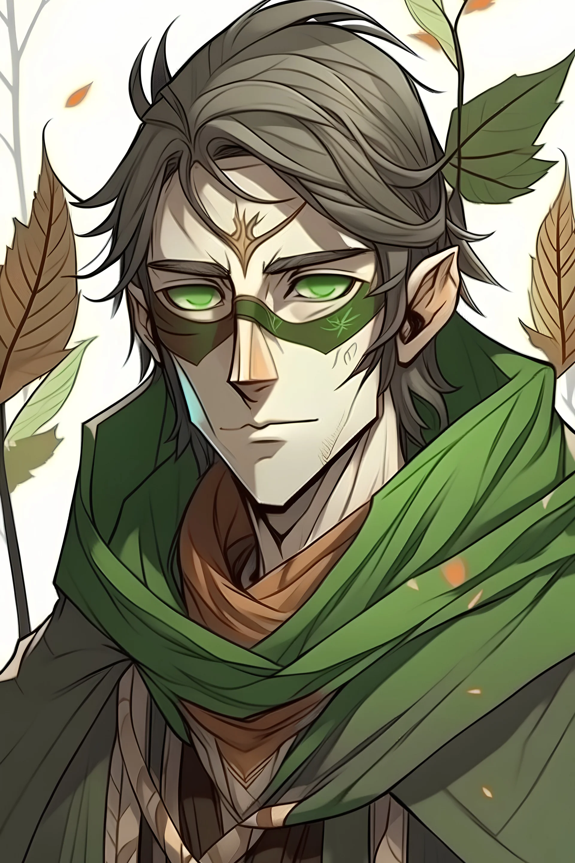 A light anime manga style cartoon sketch of a DND type male wood elf character with an eyepatch over his right eye with a cloak of leaves