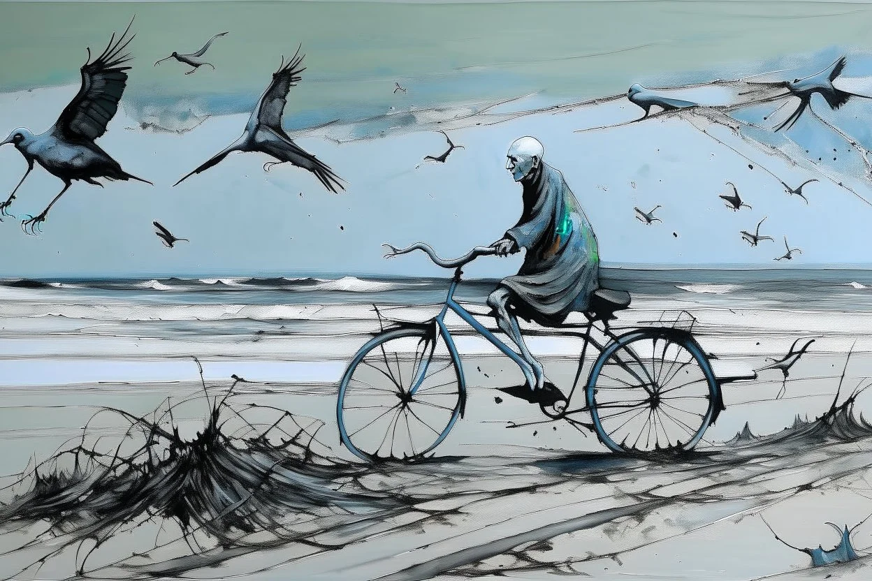 a long-legged lean black-grey monk with ((beak-shaped heads)) (wearing white khiton) riding a bike in front of a spider wreck on a radioactive beach, side view, acrylic painting, minimal art, centered, wild sparse brushstrokes, amazing verticals, great parallels, low bleak colors of gray, pale green, blue and black, excellent negative space contrasts