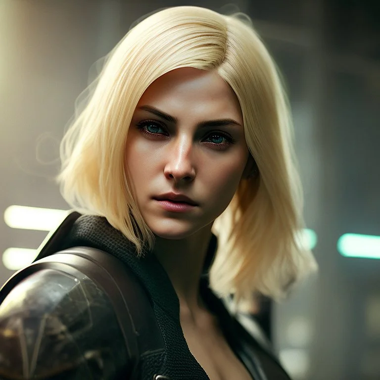 Photorealistic headshot of a beautiful blonde assassin cyberpunk dynamic pose