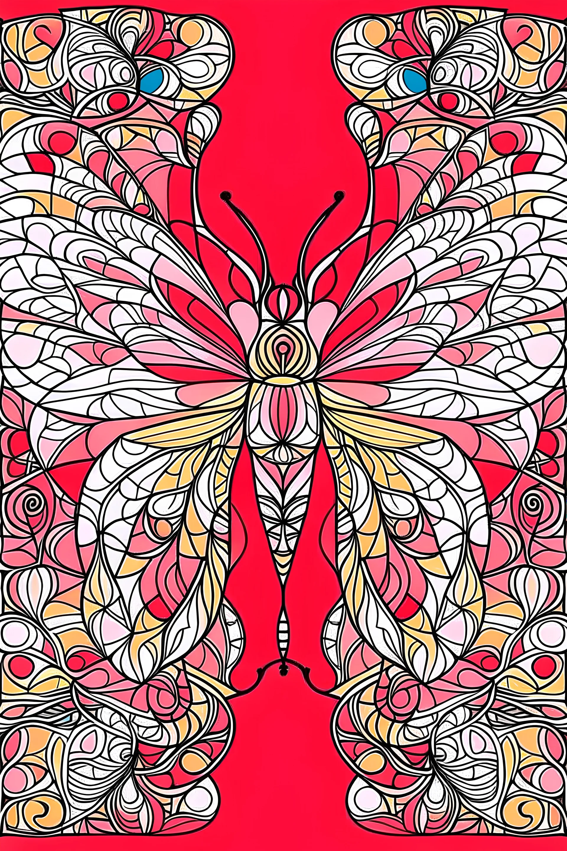 cover for coloring book ,Easy Patterns , butterfly, Calming and Unique Coloring page for Kids, and Creativity, Background of easy , with geometric patterns, a lot color , red ,pink ,