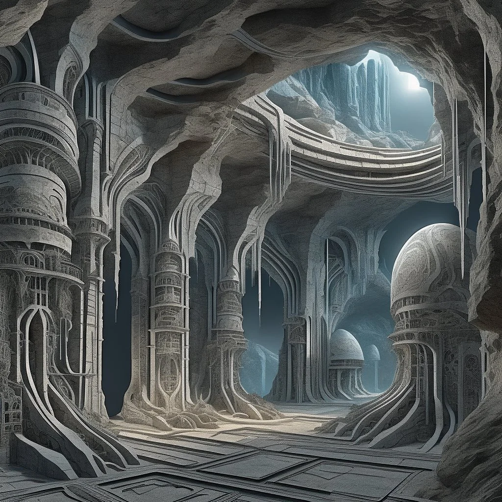 technical cutout of underground cave system, hyperdetailed chthonic city inhabited by salamander-like alien race, by H.R. Giger, by John Stephens, hypersurreal fantastic underground architecture, detailed matte painting, deep color, fantastical, intricate detail, splash screen, complementary colors, fantasy concept art, 8k resolution trending on Artstation Unreal Engine 5