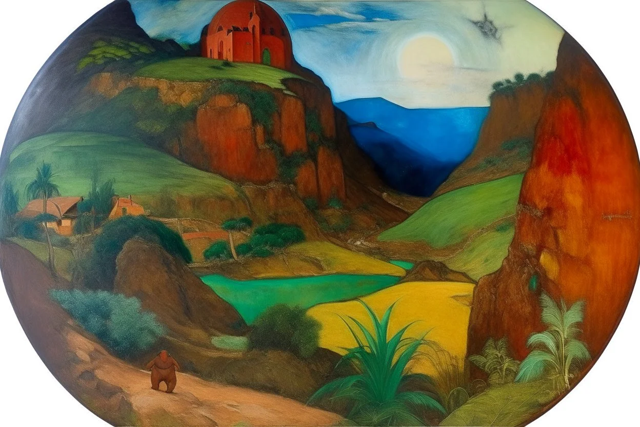 A brown X shaped prison on a planet painted by Paul Gauguin