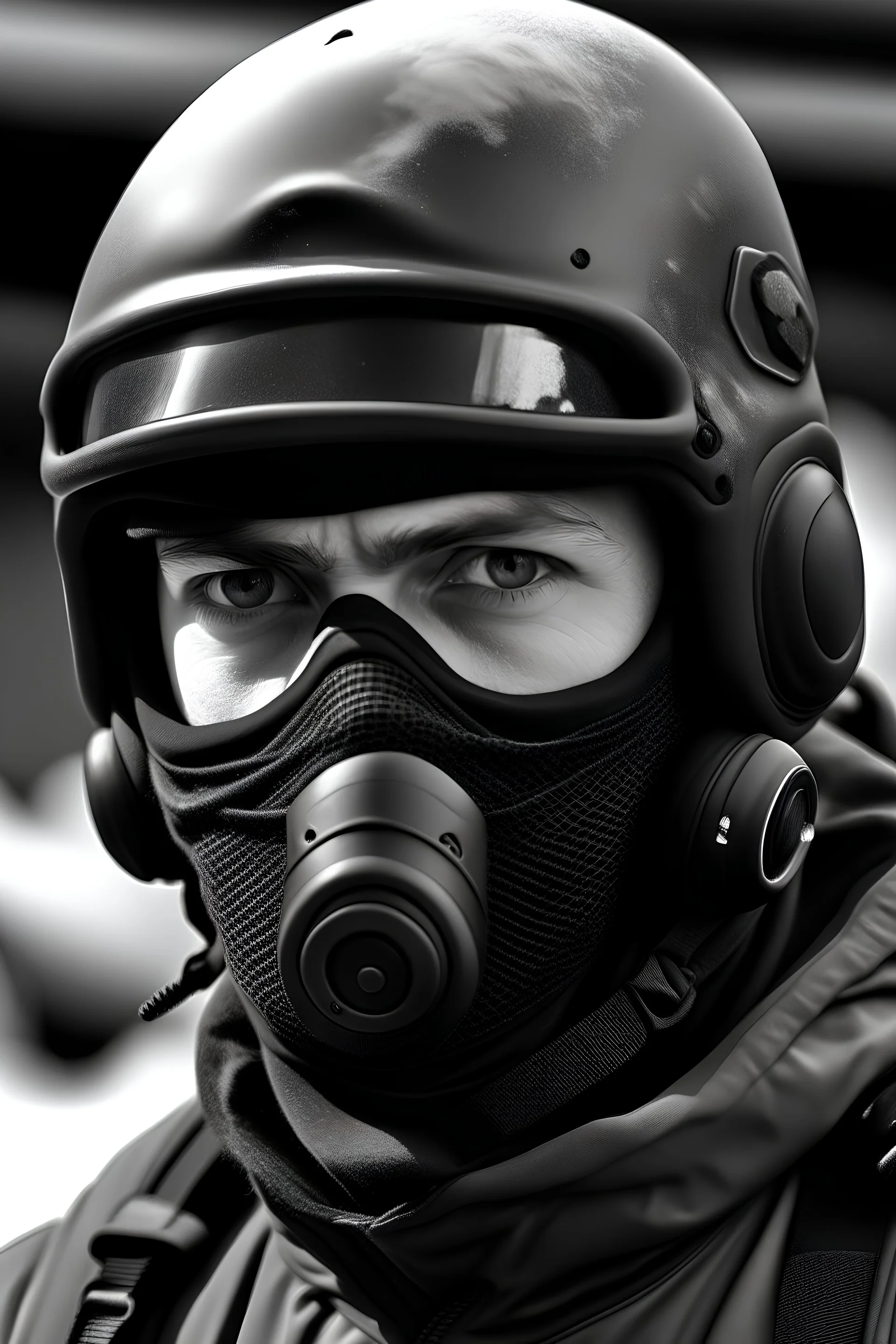Soldier of SpermWatch in black and white uniform and balaclava wearing a helmet that has a little sperm decal on it