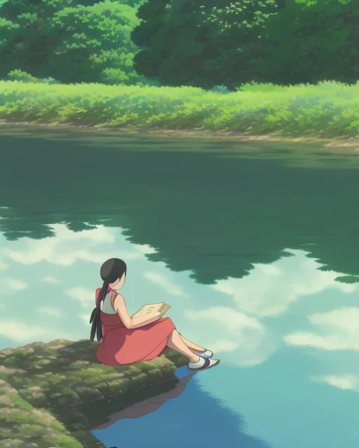 girl sitting by the river, green landscape with oversized trees, at dusk, ghibli