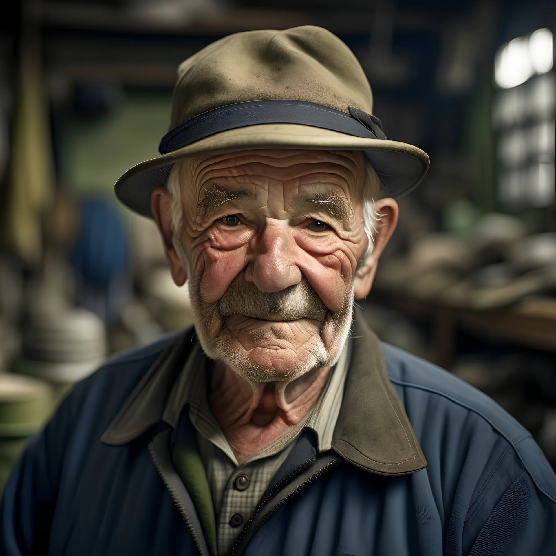 retrato de un anciano con un sombrero de pesca en un taller mecanico