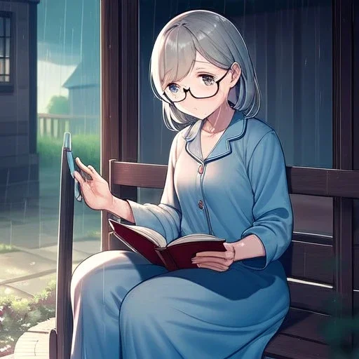 anime girl sitting on a porch swing of an old house, journaling, wearing pajamas, writing in a book, shes watching it rain, more detail on hands and her face,shes deep in her thoughts, wearing glasses, rain drops, she has a pencil in her hand and is writning in the book, she is looking down at what she is writing