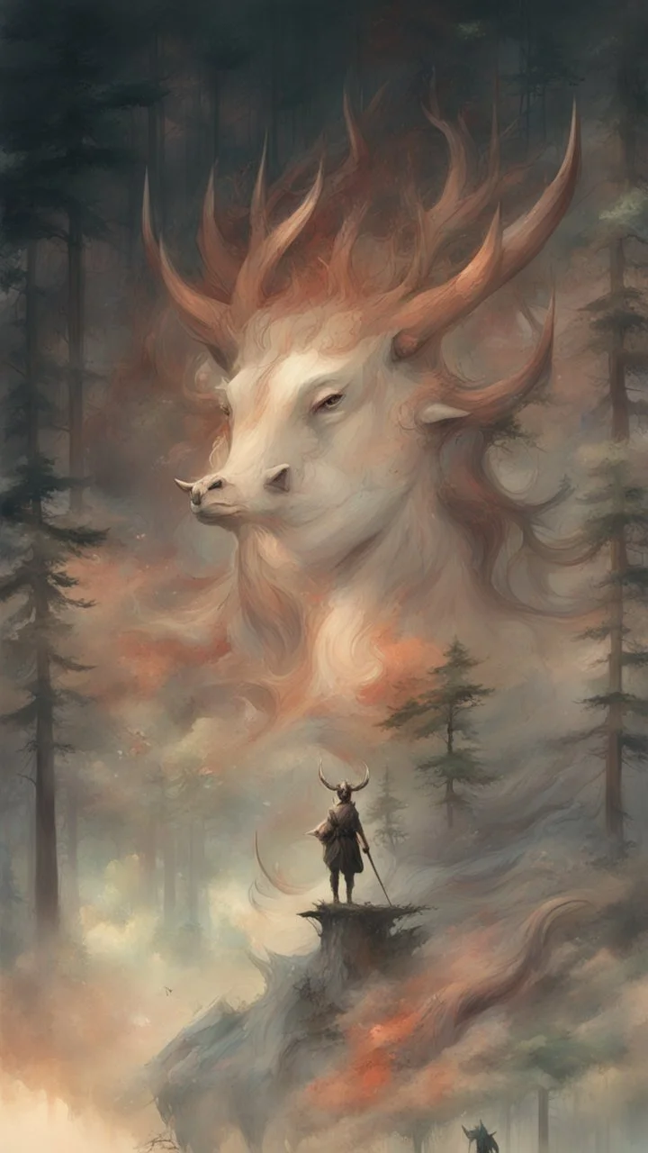 A bull or a horse with a wooden totem with spikes on it, in the middle of the forest. Opposite is a tree with a green-skinned man on it., by Ryohei Hase, Agnes Cecile, Raymond Swanland, Anne Bachelier