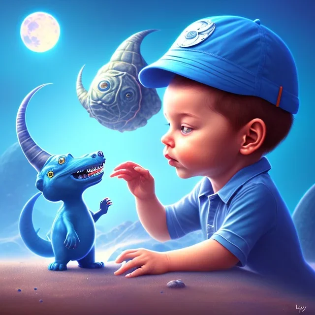 1yo little szymon is on safari onthe moon. petting a blue dinosaur. he has big binoculars and a funny hat. High detailed. Cinematic. Digital painting. Warm lights.