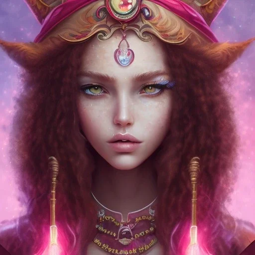 Fire witch, sweet looking, intimidating beauty, young, round face, pale freckled skin, wild curly pink hair, red color eyes, wearing a pink witch hat, wearing a glowing pink and red crystal necklace