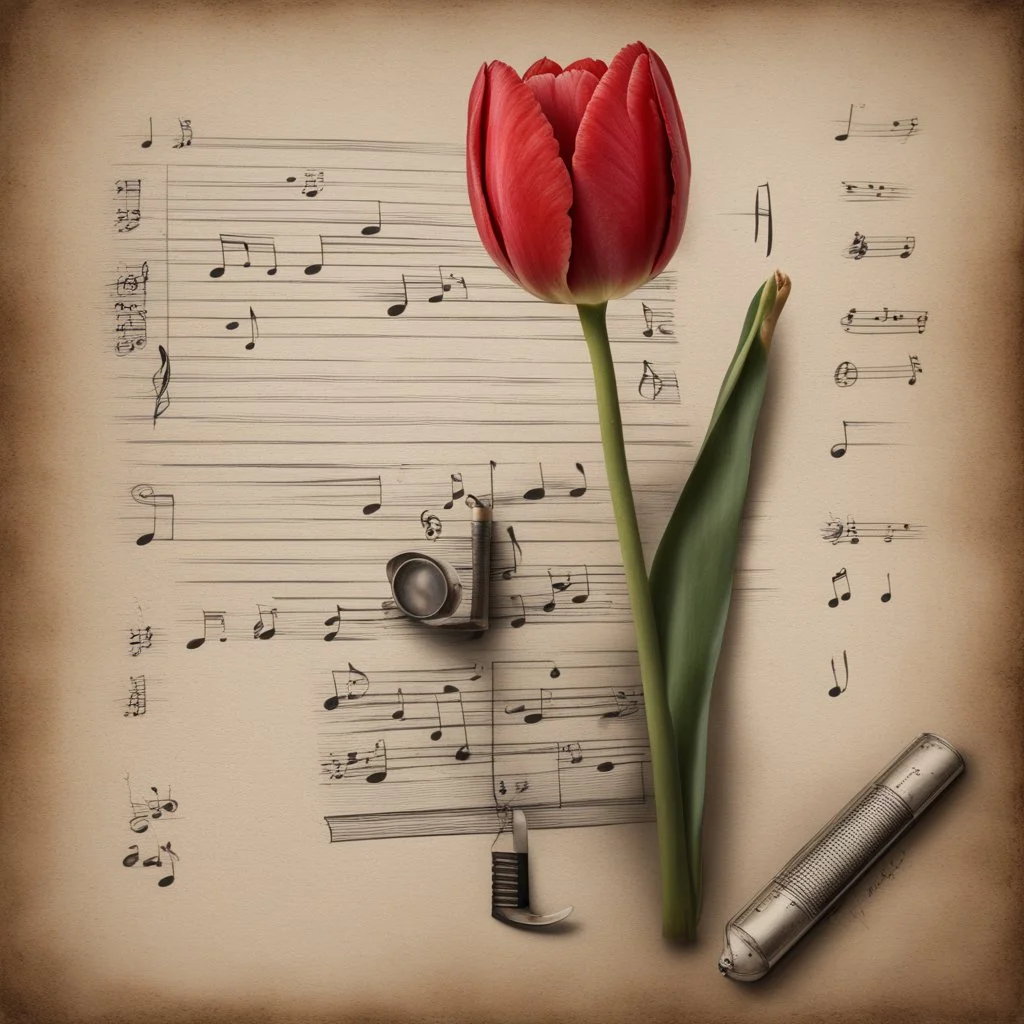 Hyper realistic red tulip on the side of a vintage paper with harmonica instrument & small musical notes