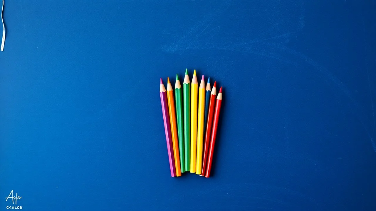Blackboard design with a bunch of colored pencils in the middle of the image with a blue color theme on a blue background