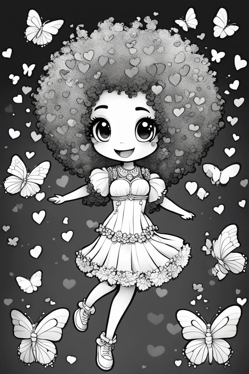 create a coloring page of a chibi girl with a curly afro ponytails dancing around hearts and butterflies. she smilies while shes playing, black and white