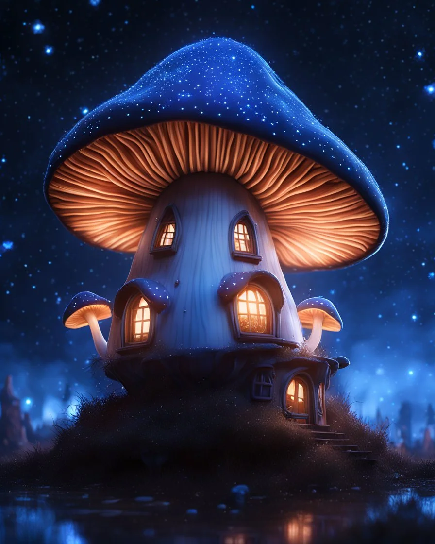 An illogically floating mushroom house on a clear night. white and white and blue, Stars Dark cosmic interstellar. Detailed Matte Painting, deep color, fantastical, intricate detail, splash screen, hyperdetailed, insane depth, concept art, 8k resolution, trending on Artstation, Unreal Engine 5, color depth, backlit, splash art, dramatic, High Quality Whimsical Fun Imaginative Bubbly, perfect composition