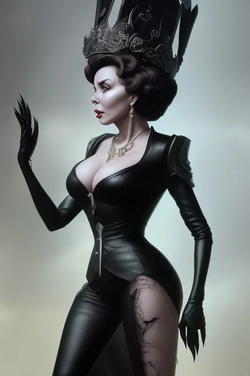 Joan Collins as evil queen in black leather, leather, busty, cleavage, angry, stern look. character design by cory loftis, fenghua zhong, ryohei hase, ismail inceoglu and ruan jia. unreal engine 5, artistic lighting, highly detailed, photorealistic, fantasy