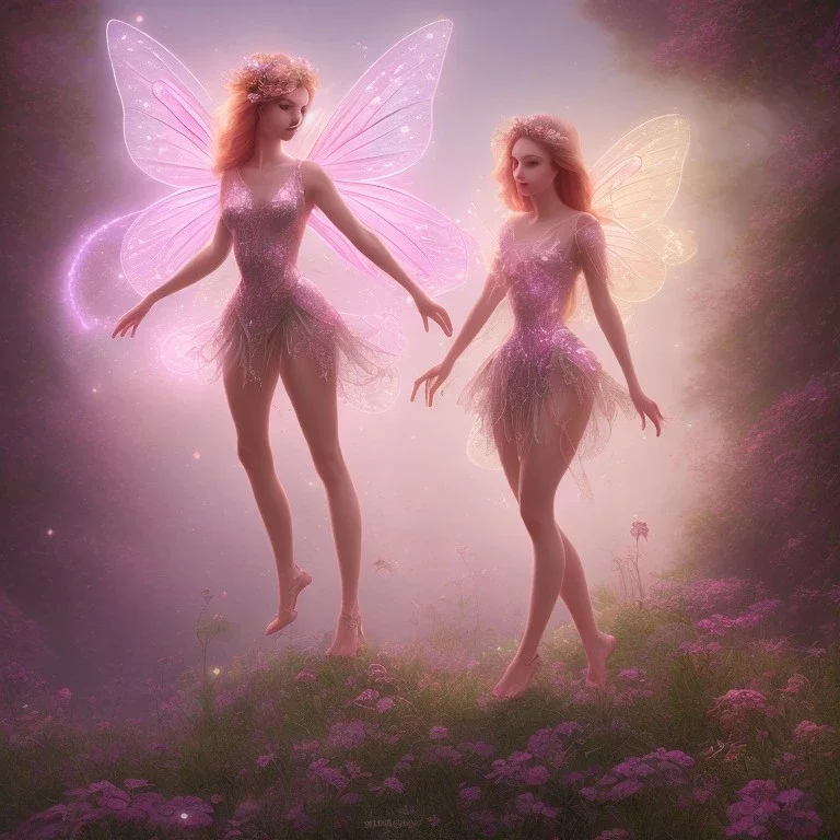 luminous fairy in magical pink countryside