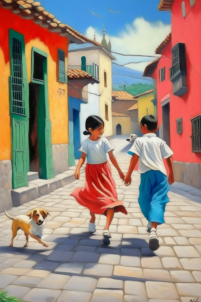 2 maxican childeren running traditional clothes painting neoclassism in a traditional mexican city from the back with dog