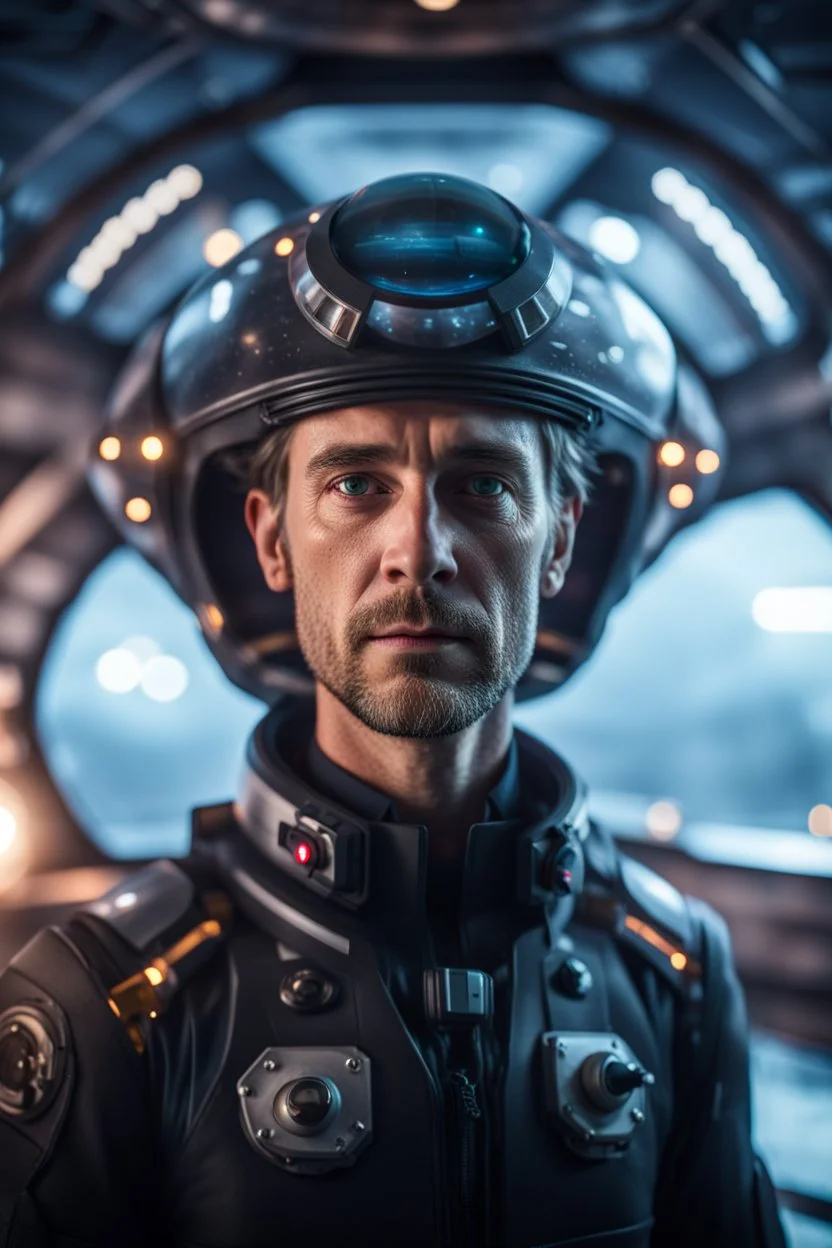 portrait of captain on a misty catamaran dome modular house sub that looks like a dark twisted alien space ship with spotlights, in advanced hi tech dock, bokeh like f/0.8, tilt-shift lens 8k, high detail, smooth render, down-light, unreal engine, prize winning