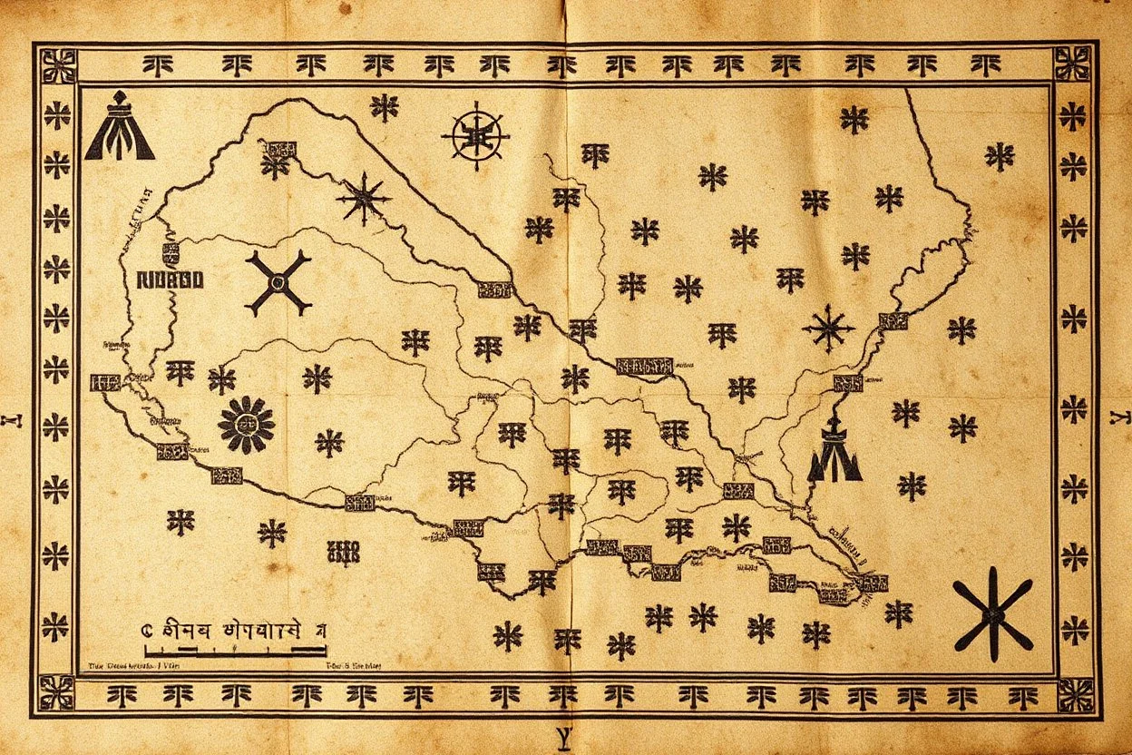 a scan of an ancient Cree Anishinaabe map, hand drawn been stained and weathered, Cree Syllabic symbols