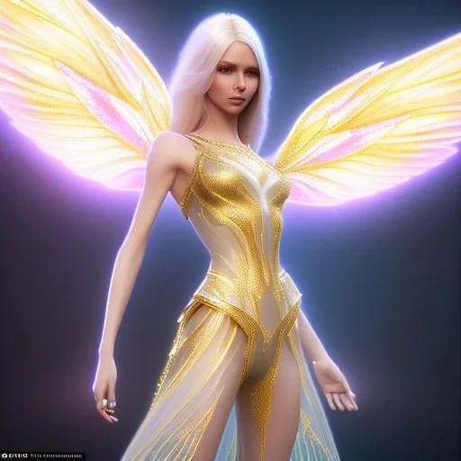 beautiful fairy very etheric, nice smiling, long blond hair, magic glamour pink make up, delicate colors, complete vision of very transparent golden and big wings, beautiful glamour transparent golden dress, ultra sharp focus, 8k, unreal engine 5, extremely sharp detail, light effect, soft light atmosphere, smooth, full of details, face in front, complete vision of face and hair and of the body