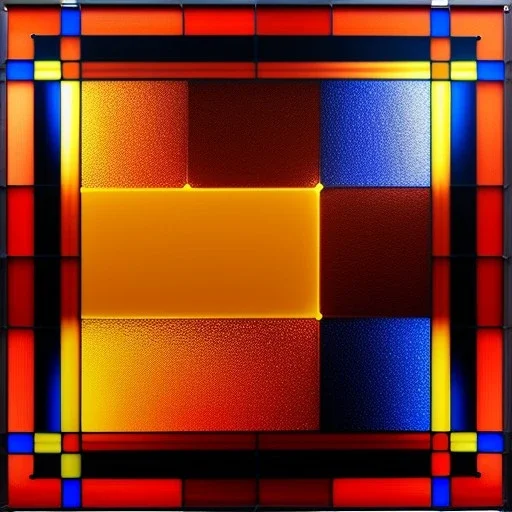 Hyper realistic piet mondrian stained glass window with lead, 4k, sunny day outside, ambient glow