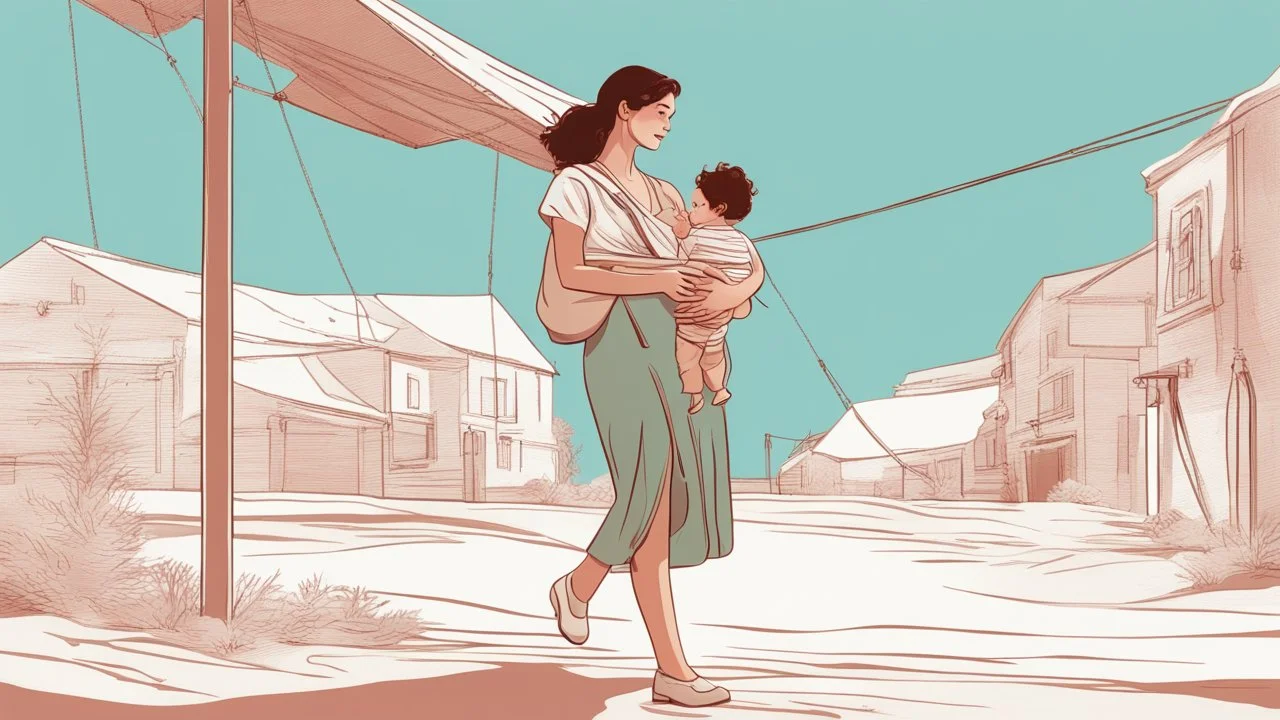 A digital illustration of a woman walking carrying a child in a sling, on an aquamarine blue background, with clothes hanging on a line nearby