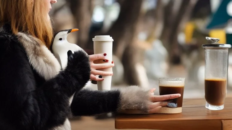 young woman talk to a penguin in coffee-shop