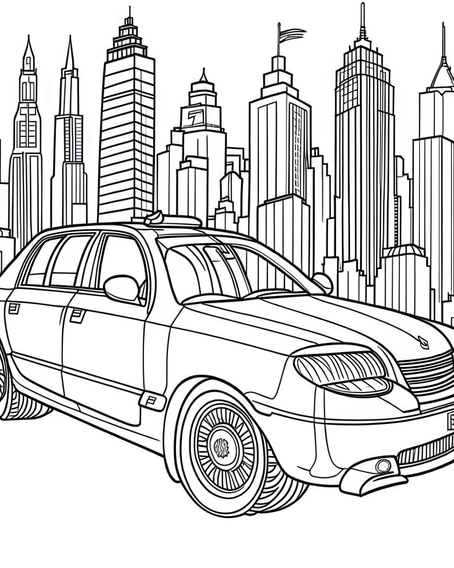 New York City taxi coloring page, full body (((((white background))))), only use an outline., real style, line art, white color, clean line art, white background, Sketch style.