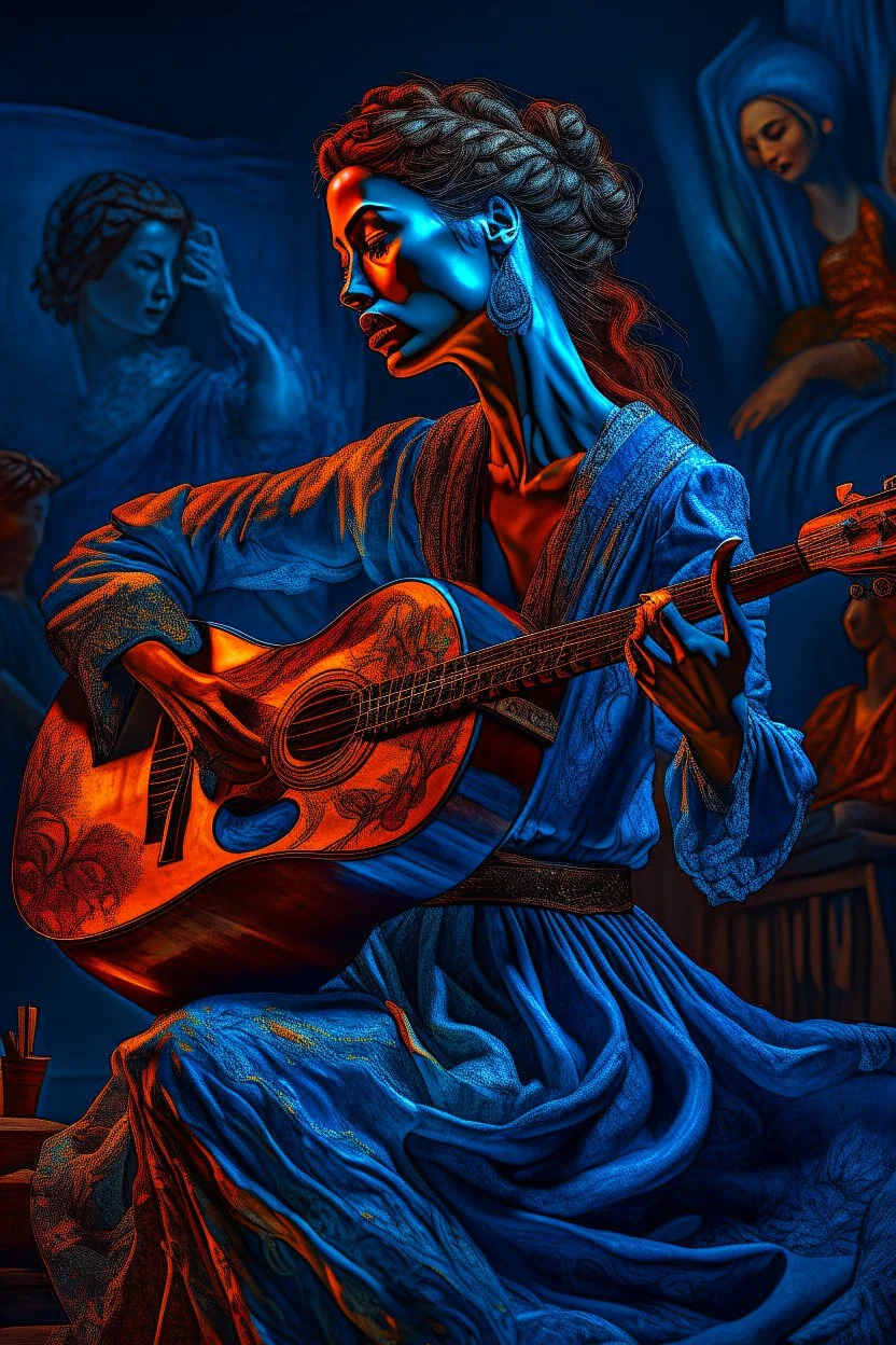 Ban Gogh style Title: "gypsy dancer , dancing, and a guitar player playing behind her in blue background, insanely detailed octane render trending on artstation, 8k artistic photography, photorealistic concept art, soft natural volumetric cinematic perfect light, chiaroscuro, award-winning photograph, masterpiece, oil on canvas, Raphael, Caravaggio, Greg Rutkowski, people, beksinski, Giger