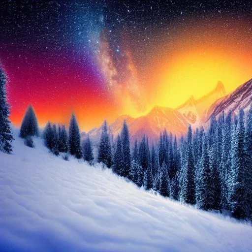 Fantasy, snow, landscape, mountain, night, stars, colorful