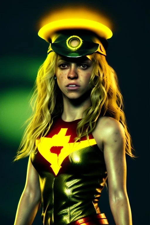 portrait, Shakira, blonde, angry, Realistic image, superhero, retro, watchmen style, gold make-up, blood, sweat, fog, goddess style, Neon colors, leds. Black background, photo studio, concept art, smooth, unreal engine 5, god lights, ray tracing, RTX, lumen lighting, ultra detail, volumetric lighting, 3d, finely drawn, high definition, 4k.