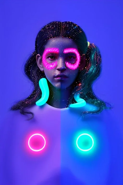 Rosalía artist, Realistic image, natural waist up portrait, perfect eyes, glow eye, black eye line, sweet face, pigtails hair, spray line make up, geometric, gold, big rings piercing, led ornament, bubble latex coat, inflatable, cold, led lights, geometric, neon, pink, blue, gold, vibrant color, highly detailed, art stations, concept art, smooth, unreal engine 5, god lights, ray tracing, RTX, lumen lighting, ultra detail, volumetric lighting, 3d, finely drawn, high definition, high resolution