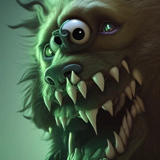 Dog, monster, green, horror, teeth, masterpiece, expert, 8K, hyperrealism, sharp focus, cinematic lighting