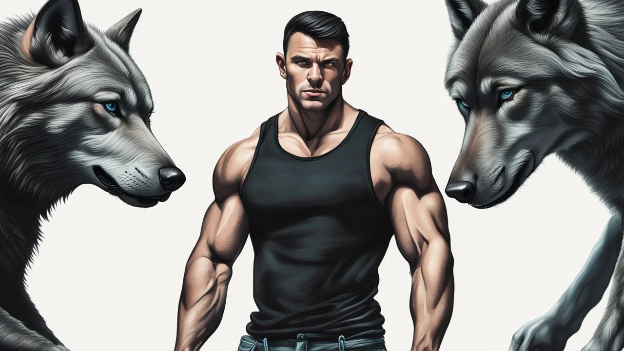 ultra realistic photograph of a muscular male with short dark hair and pale blue eyes wearing a loose black teeshirt facing a large black wolf