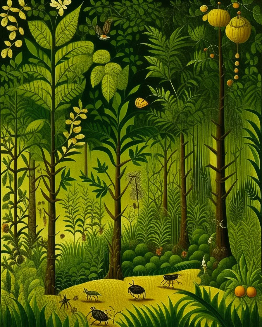 An olive green forest filled with insects designed in Navajo woven art painted by Henri Rousseau