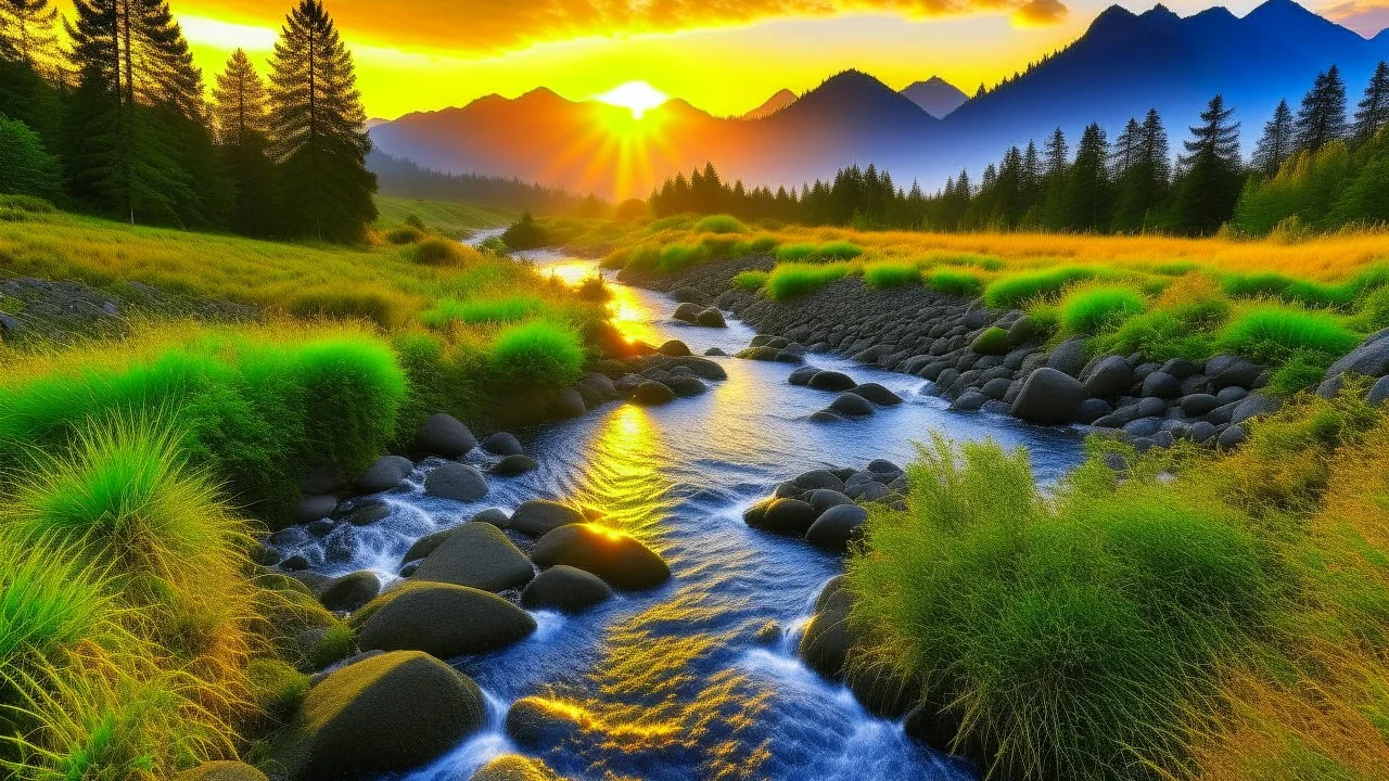 A view of breathtaking nature, at sunrise with a mountain stream and mountains in the background.