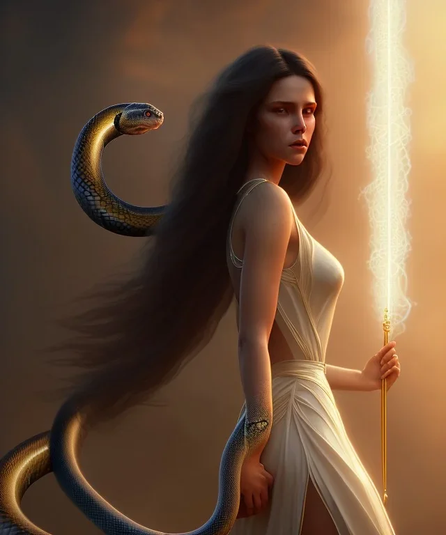 Holy Virgin, celestial light, beautiful, long fabric dress, beautiful long black hair to the waist, big snake resting on shoulders, holding snake, head and shoulders portrait, 8k resolution concept art portrait by Greg Rutkowski, Unreal Engine 5 volumetric lighting