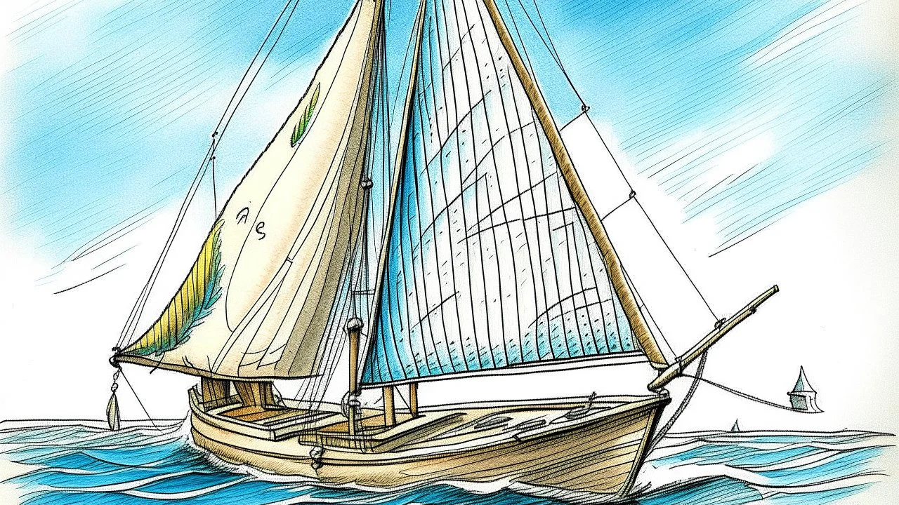 in the charming childish style of a 5 year old with scratchy penwork, a basic sloop, floating on water with the sail full of wind. Off to the side, the same boat mast is depicted, this time with the sail raised and tied up