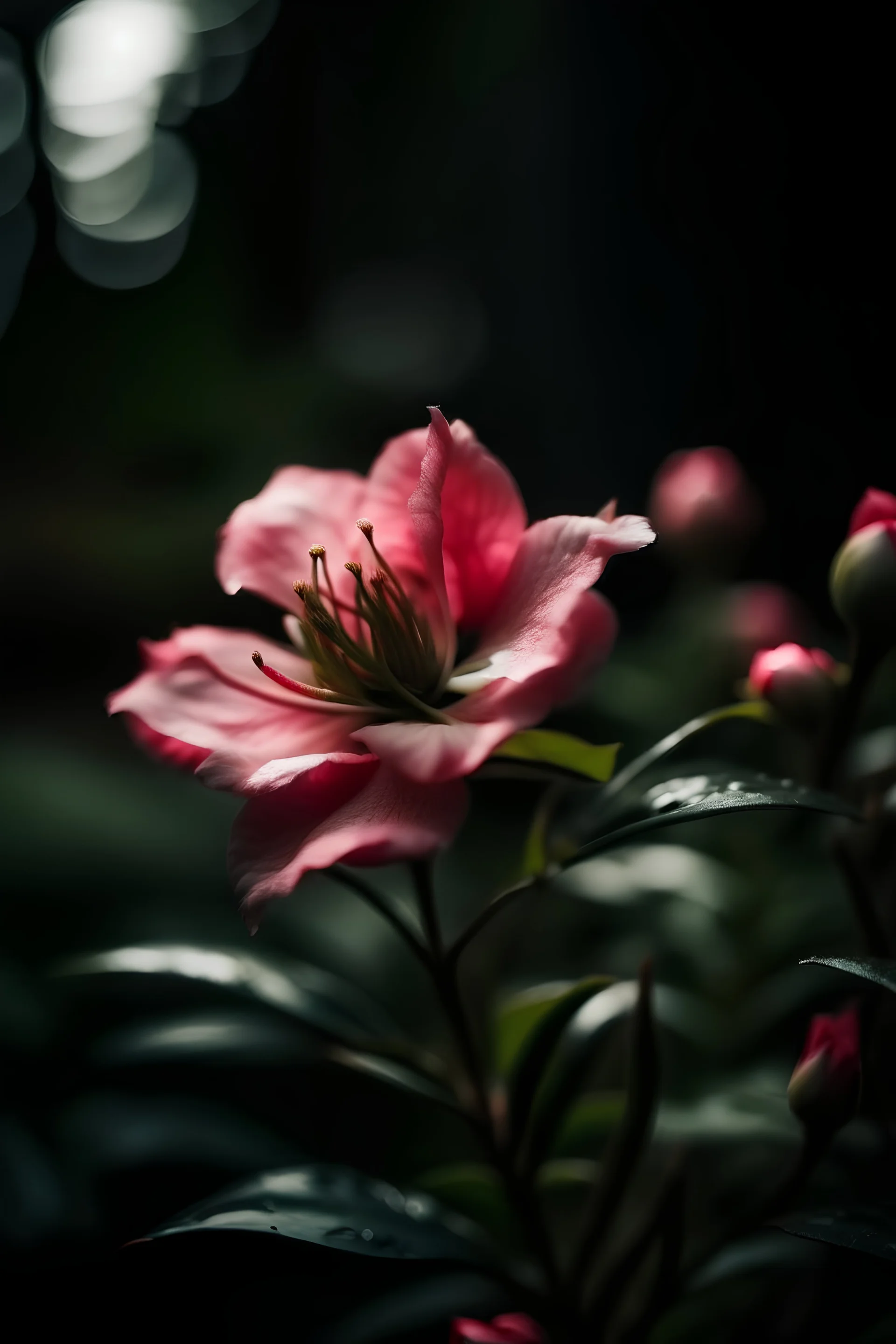 Azalea bloom in the middle of the screen, cinematic feel, same depth of field as the environment