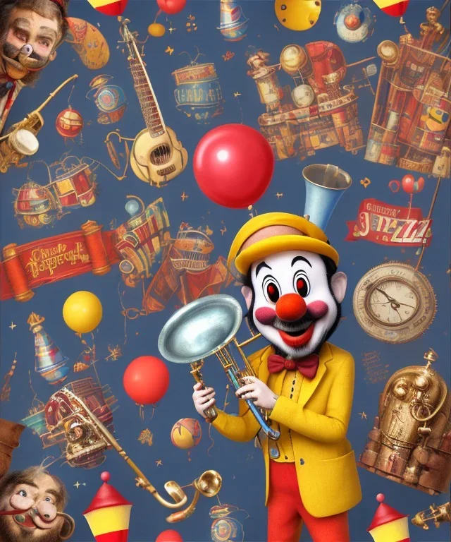 happy and funny old friendly clown with round head and trimmed beard playing jazz with a steampunk theme, trumpet on mouth, paintbrush and aisle, carnival, dreamy