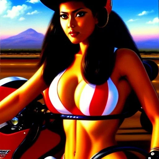 portrait of busty beautiful 'Female Rider on Shotaro Kaneda's Bike',painting by Earl Norem, simon Bisley, evan lee, 86-86, oil on canvas, cinematic composition, extreme detail,fit full head inside picture,8k