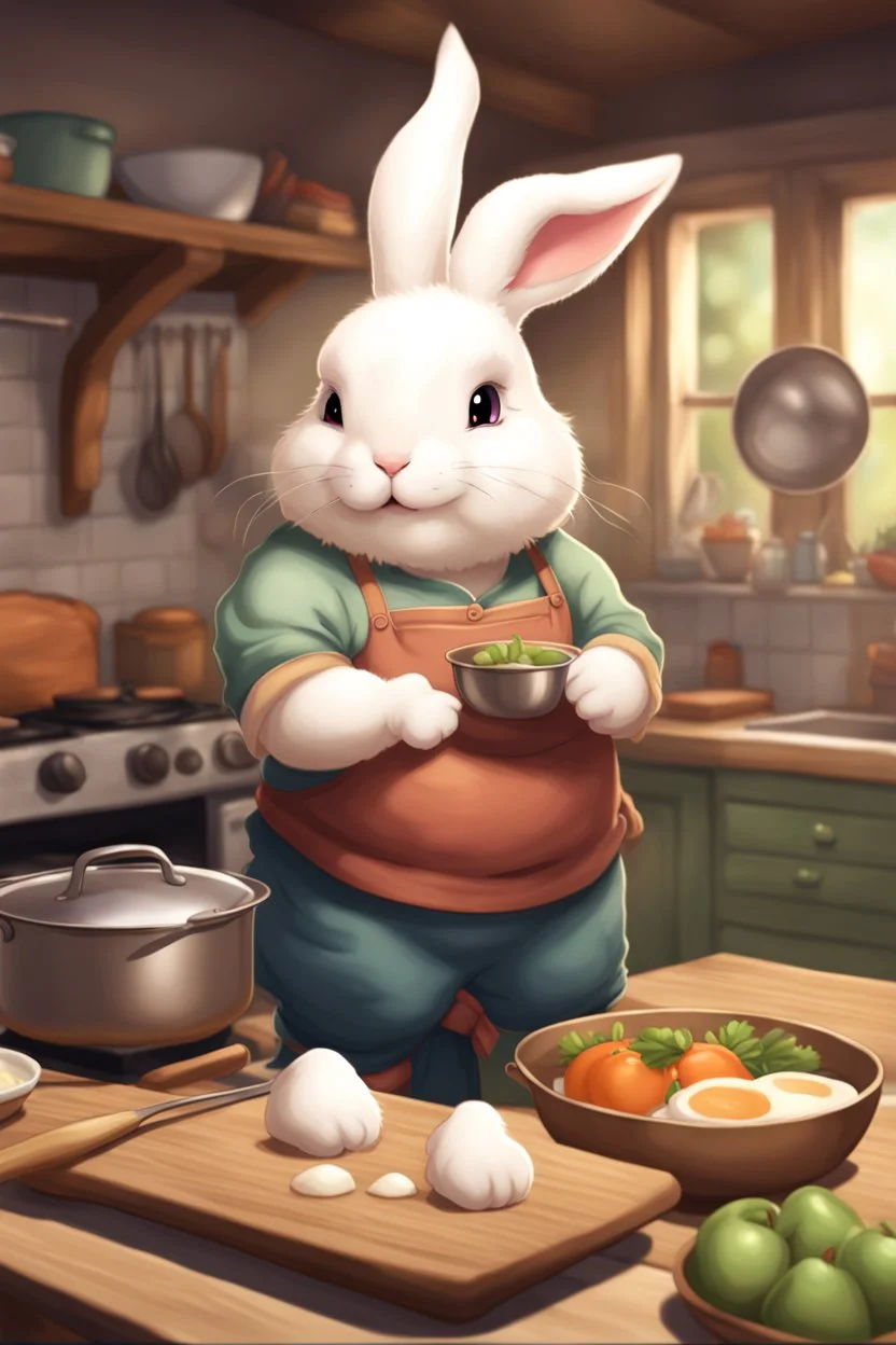 Cute chubby bunny floppy ears adventurer dnd cooking art realism