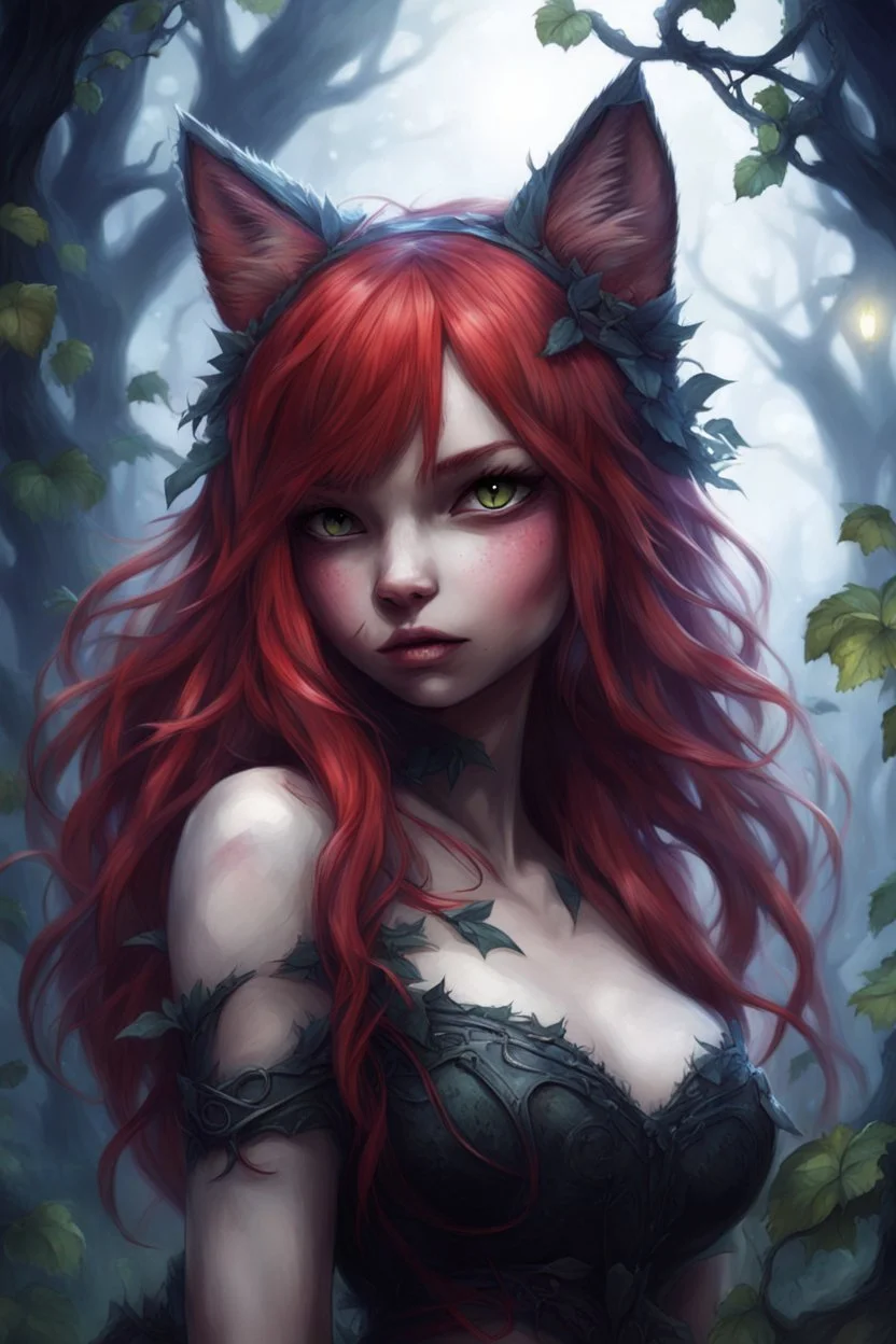 CAT GIRL, FANTASY, FORESTY, VINES, SOULLESS, FLUFFY TAIL, RED HAIR, METAL