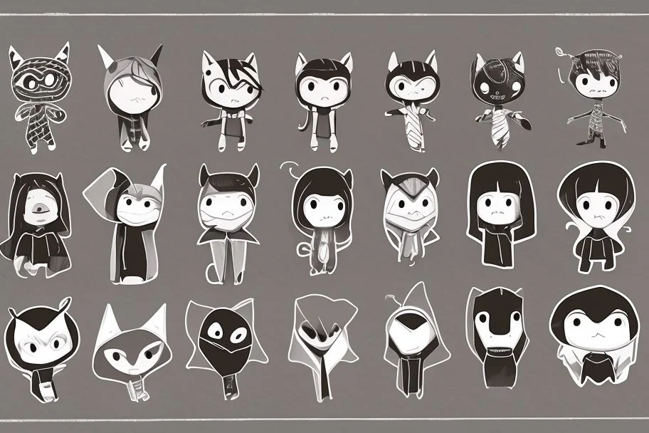 6 simple shaped hand drawn cartoon characters that are cute dark and have hoodies