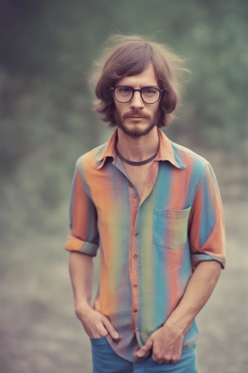 hippie young man with glasses of colours and poor and short short short and poor hair on the head with receding hairline. Farsightedness glasses with big eyes. Shirt beard in the head. Vintage look and feel like photo style-of the 70s