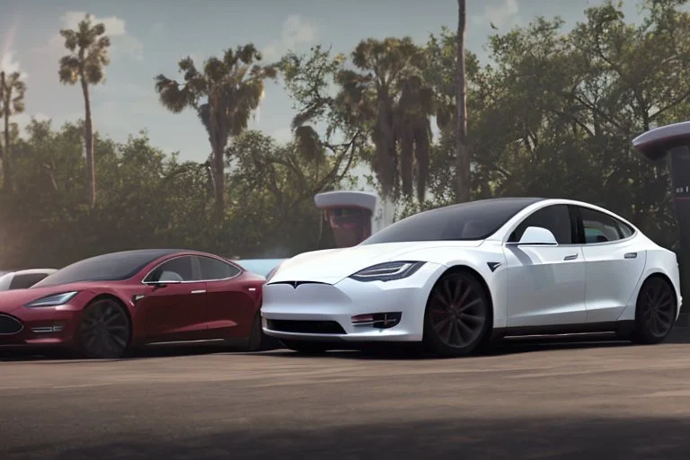 A Tesla 'Model Y' is racing at top speed, in the 'Kennedy Space Center' in Florida. (CINEMATIC, WIDE ANGLE LENS, PHOTO REAL)
