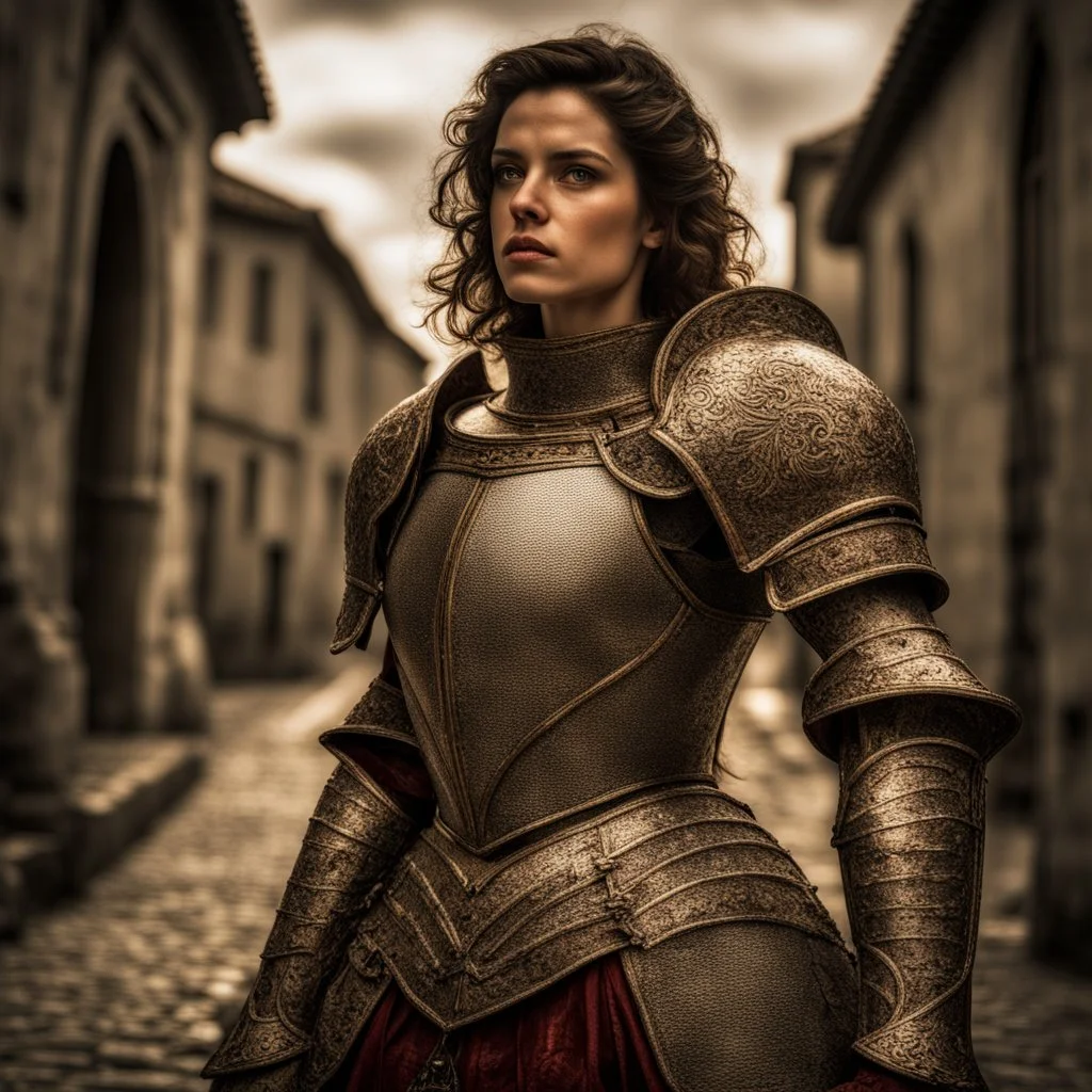 Behold the powerful alluring and pretty portuguese knight woman, her body adorned with the traditional knight armor, HDR, beautifully shot, hyperrealistic, sharp focus, 64 megapixels, perfect composition, high contrast, cinematic, atmospheric, moody