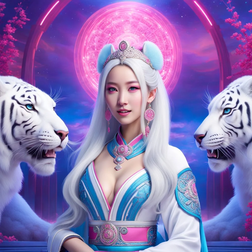 (masterpiece, best quality, 8k, RAW photo, beautiful and aesthetic:1.2), complex detail, Indirect light, photorealistic, (((full body))), 2 Gorgeous Cosmic asian goddess smiling, long curved white hair, blue eyes, Mixed, sci-fi and traditional asian outfit with pink velvet and white furs, riding a white tiger in a colorfull Sci-Fi environment with bokeh