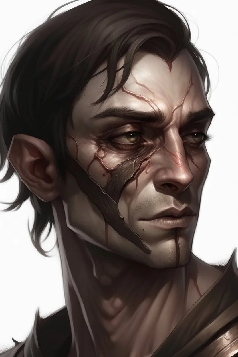 a dead half-elf, half of his face burned, a scar on his neck from an incision